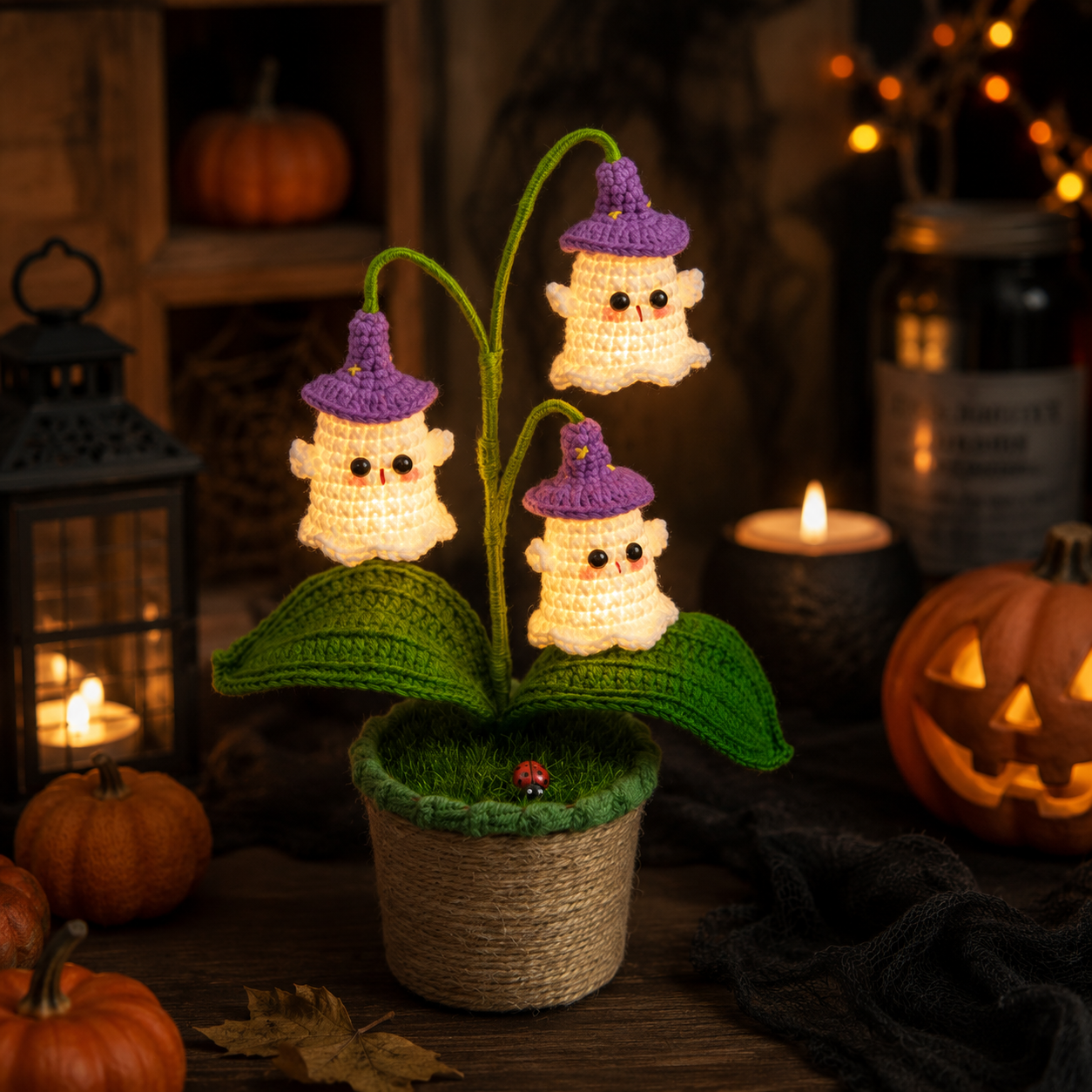🎃 Halloween AKCIÓ 70% kedvezmény 👻 Kézzel készített horgolt hátborzongató sütőtök edény és szellemlámpa