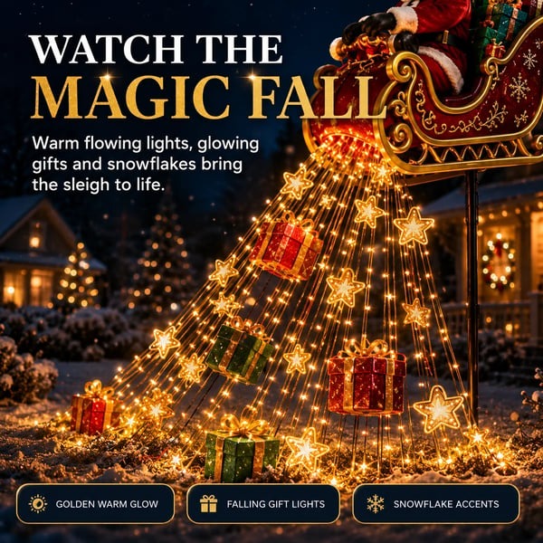 🎅✨ 2026 Új Mikulás repülő szán ajándék kaszkád – Napelemes karácsonyi kerti fény