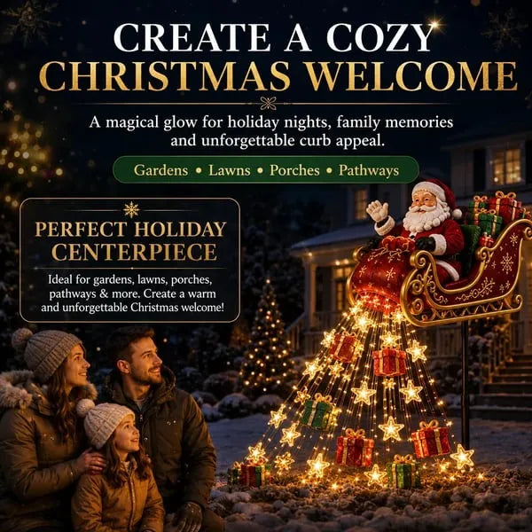 🎅✨ 2026 Új Mikulás repülő szán ajándék kaszkád – Napelemes karácsonyi kerti fény