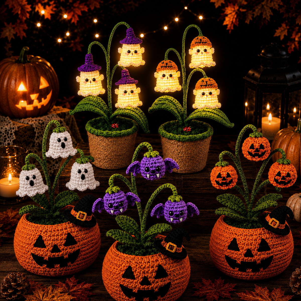🎃 Halloween AKCIÓ 70% kedvezmény 👻 Kézzel készített horgolt hátborzongató sütőtök edény és szellemlámpa