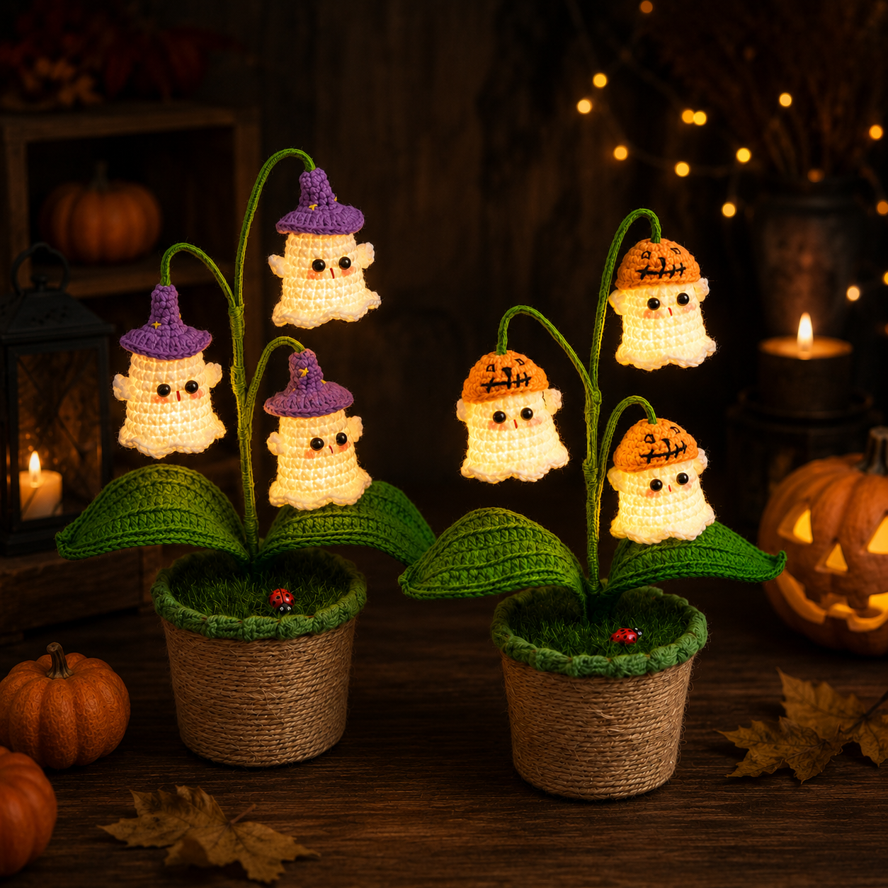 🎃 Halloween AKCIÓ 70% kedvezmény 👻 Kézzel készített horgolt hátborzongató sütőtök edény és szellemlámpa
