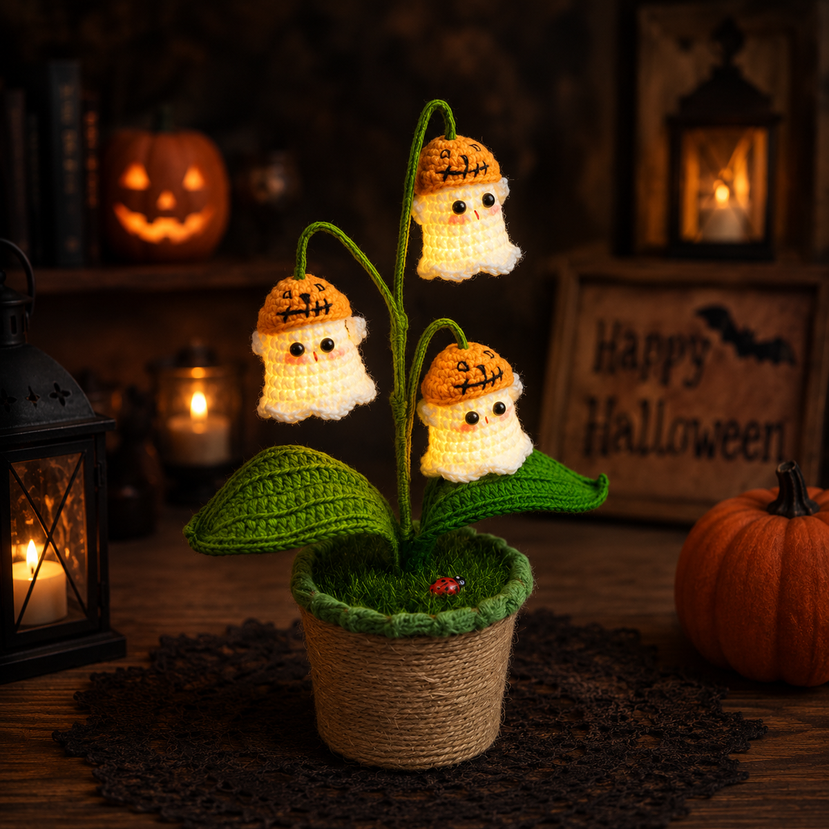 🎃 Halloween AKCIÓ 70% kedvezmény 👻 Kézzel készített horgolt hátborzongató sütőtök edény és szellemlámpa