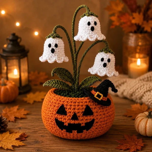 🎃 Halloween AKCIÓ 70% kedvezmény 👻 Kézzel készített horgolt hátborzongató sütőtök edény és szellemlámpa