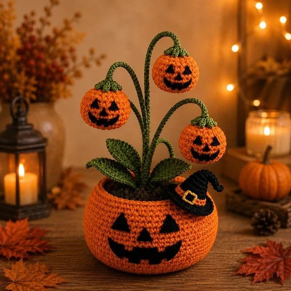 🎃 Halloween AKCIÓ 70% kedvezmény 👻 Kézzel készített horgolt hátborzongató sütőtök edény és szellemlámpa