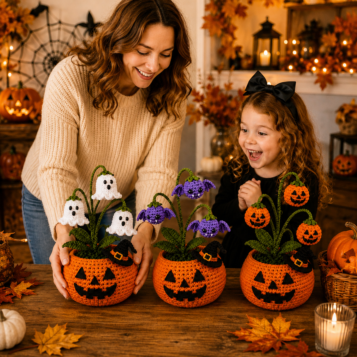 🎃 Halloween AKCIÓ 70% kedvezmény 👻 Kézzel készített horgolt hátborzongató sütőtök edény és szellemlámpa