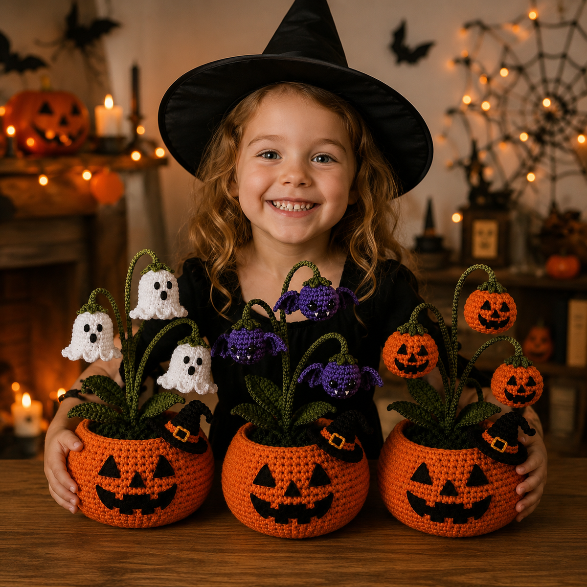🎃 Halloween AKCIÓ 70% kedvezmény 👻 Kézzel készített horgolt hátborzongató sütőtök edény és szellemlámpa