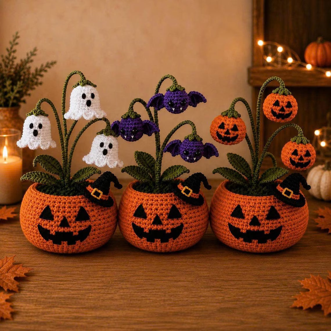 🎃 Halloween AKCIÓ 70% kedvezmény 👻 Kézzel készített horgolt hátborzongató sütőtök edény és szellemlámpa