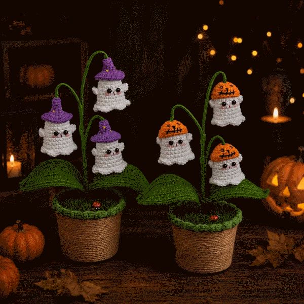 🎃 Halloween AKCIÓ 70% kedvezmény 👻 Kézzel készített horgolt hátborzongató sütőtök edény és szellemlámpa